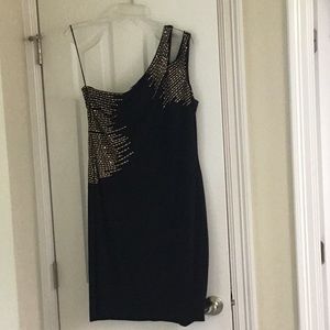 Formal black one shoulder dress with gold studded detail